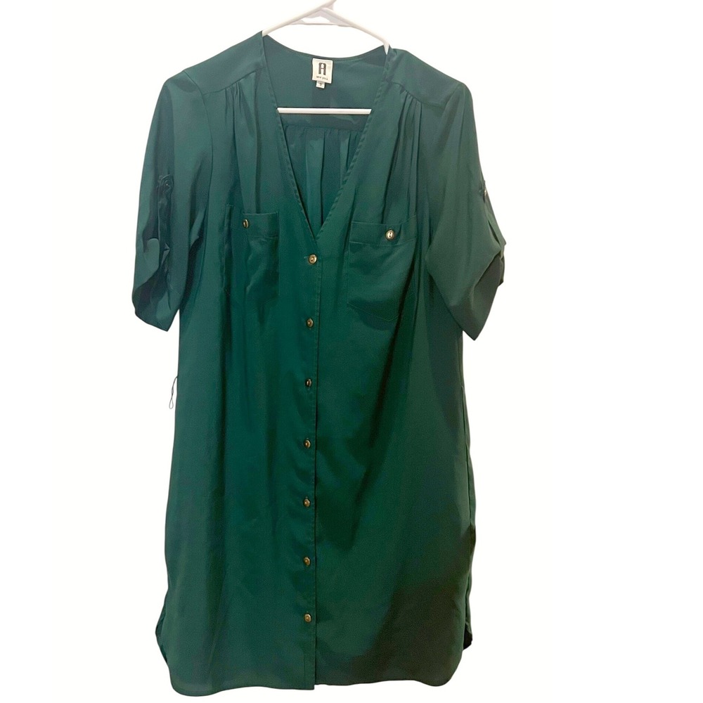 A New York Forest Green Button Front Shirt Dress Short Sleeve Small